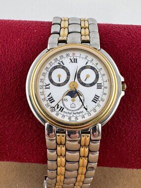 Vintage Michel Herbelin Paris Two Tone Baccara Triple Calendar Moon Phase Watch